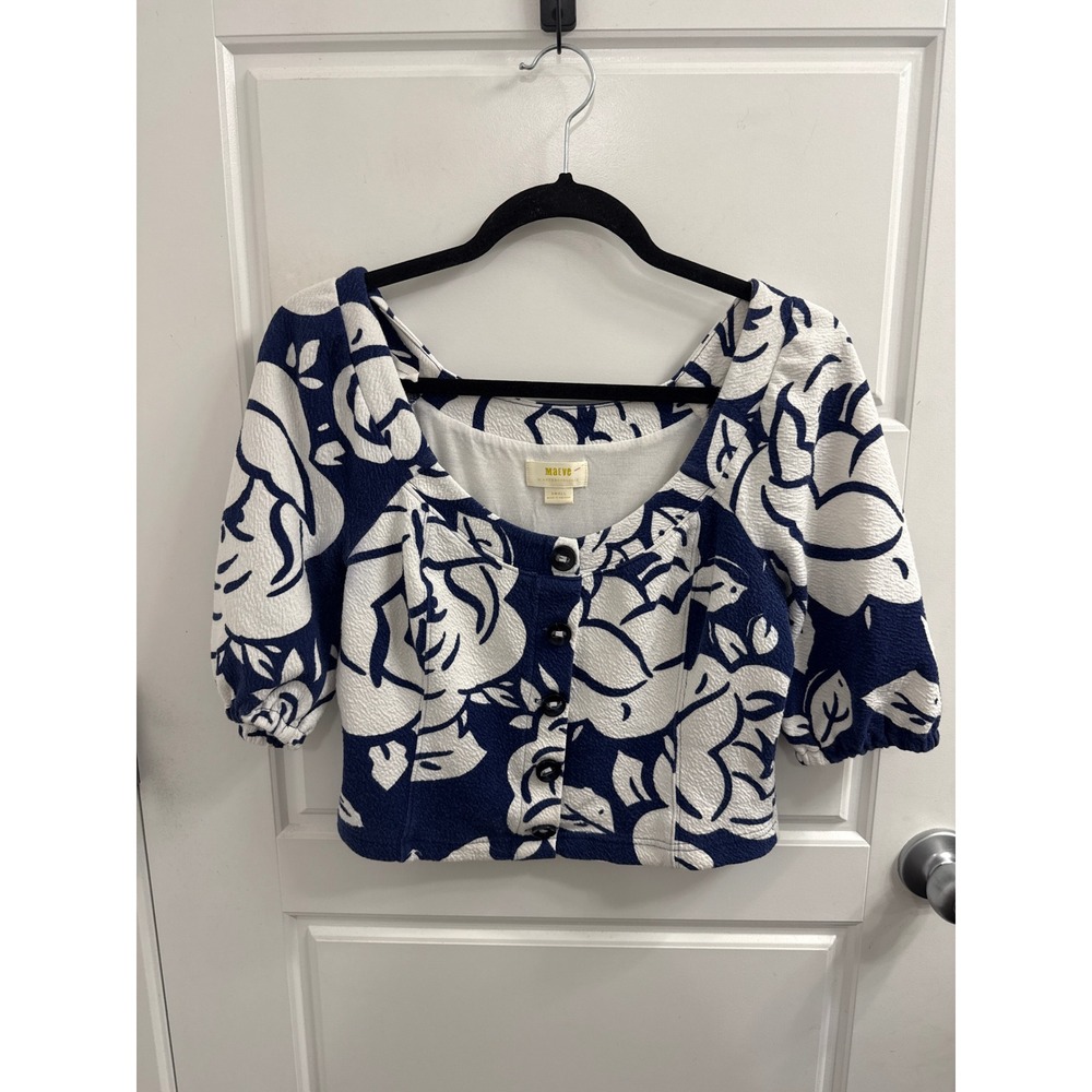 Maeve Anthropologie Floral Crop Top Navy Blue White Puff Sleeve Button‎ Front S